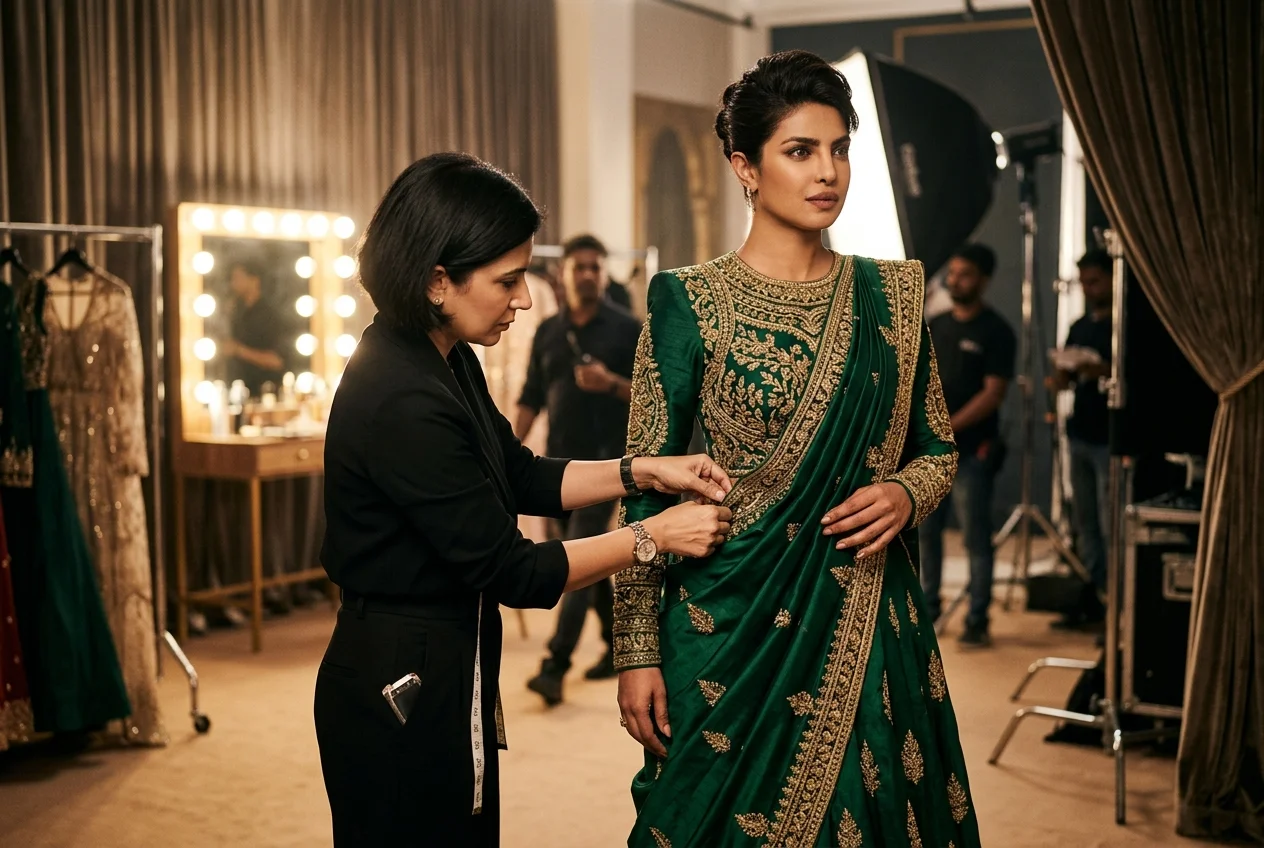 Indian cinema actress being styled in green silk couture on movie studio set