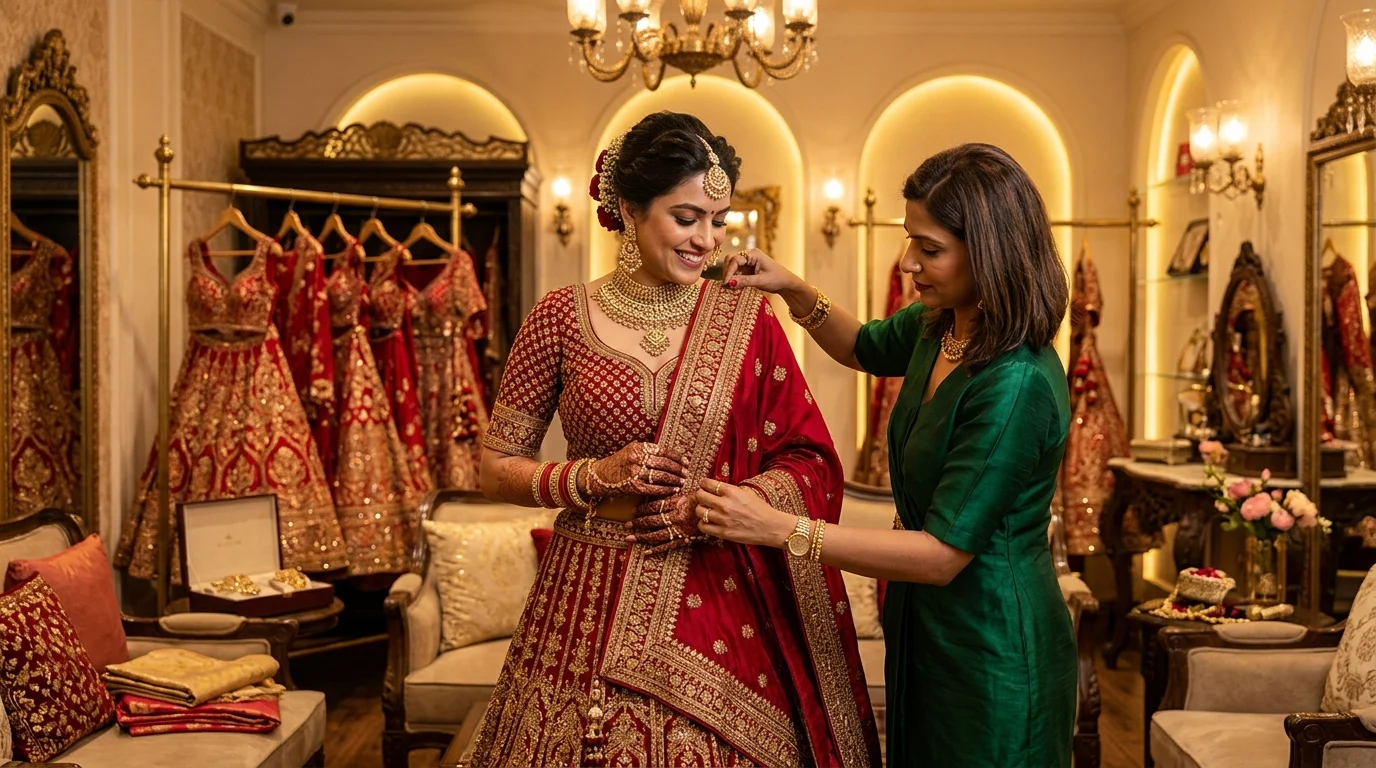 Indian bridal stylist coordinating wedding lehenga, jewellery, and dupatta drape