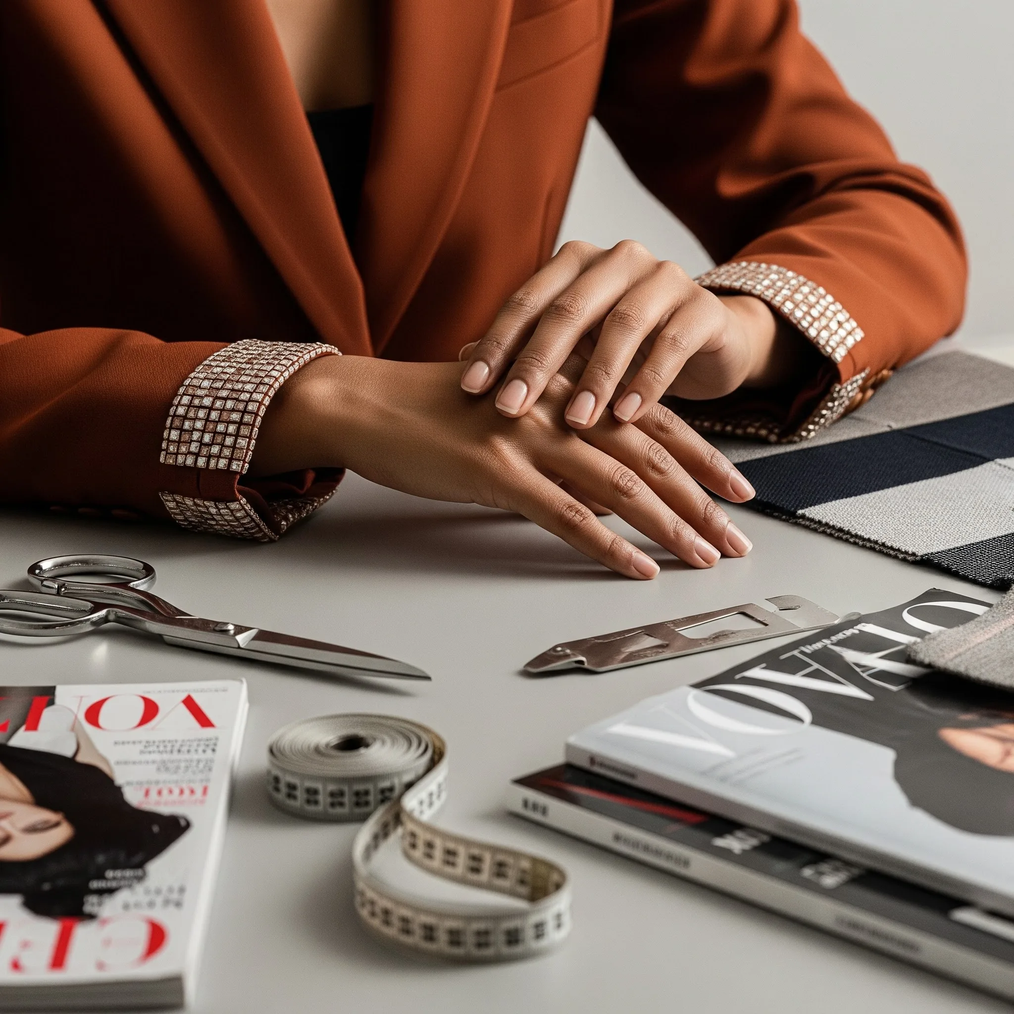 Fashion styling tools, magazines and fabric swatches on a work table